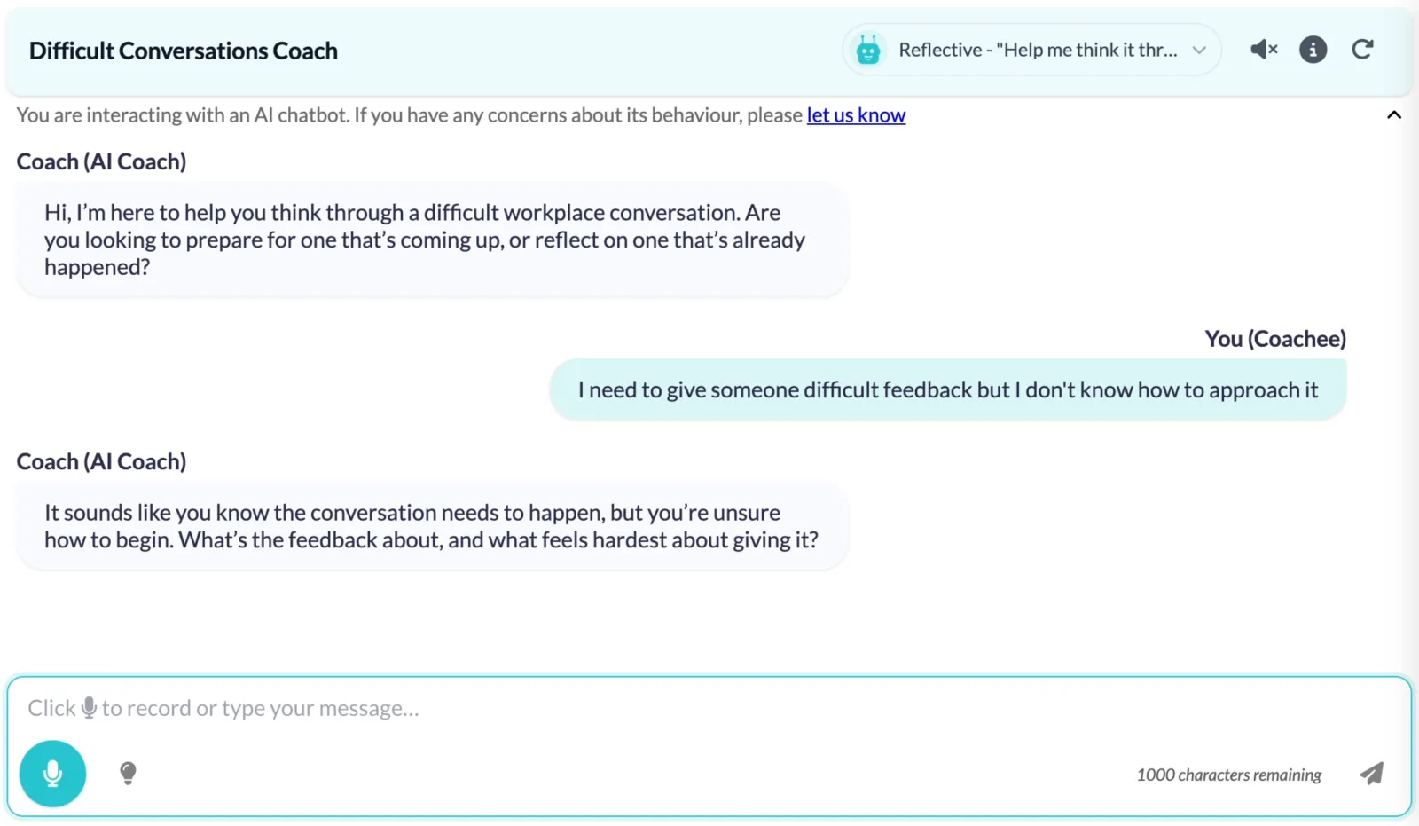 AI coach asking a learner what feels hardest about the feedback they need to give, rather than telling them what to say