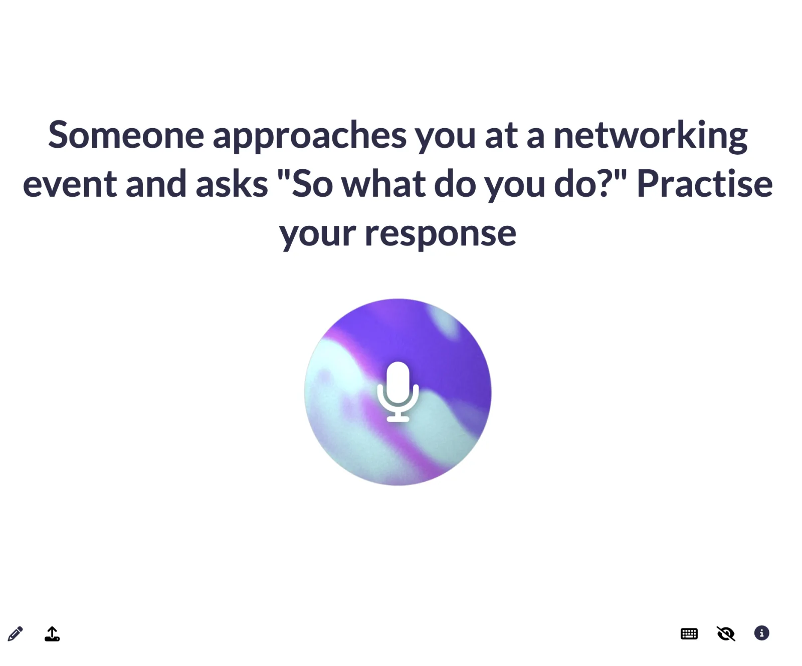 Audio prompt asking the learner to answer "So what do you do?" at a networking event