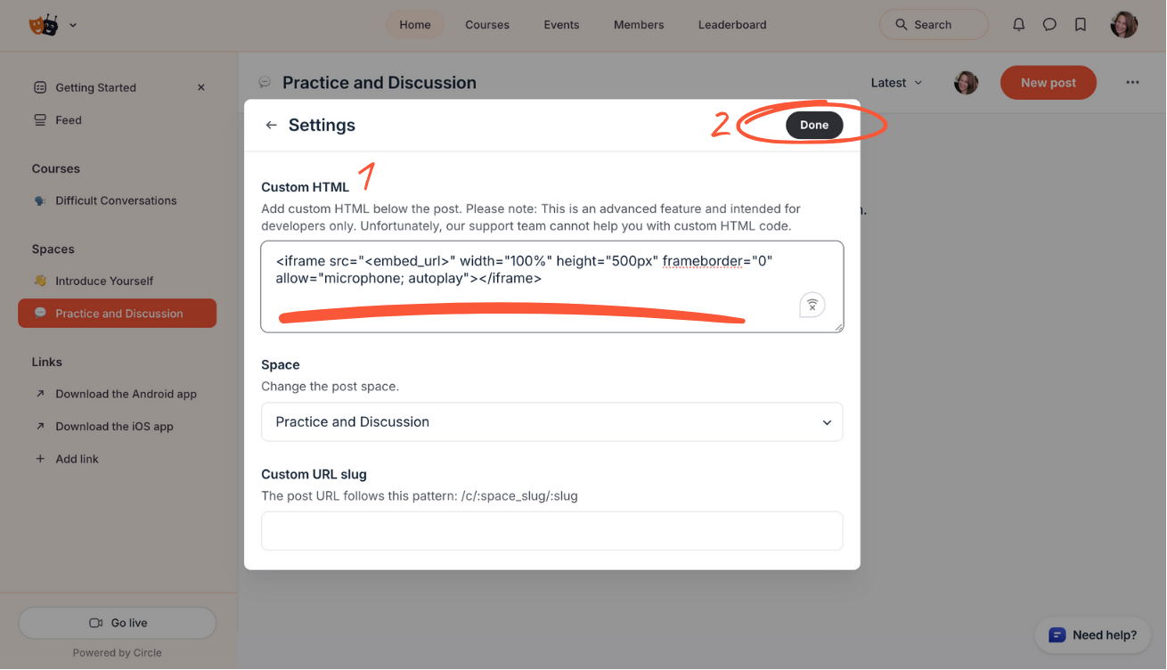 Circle interface showing pasting custom HTML into post settings