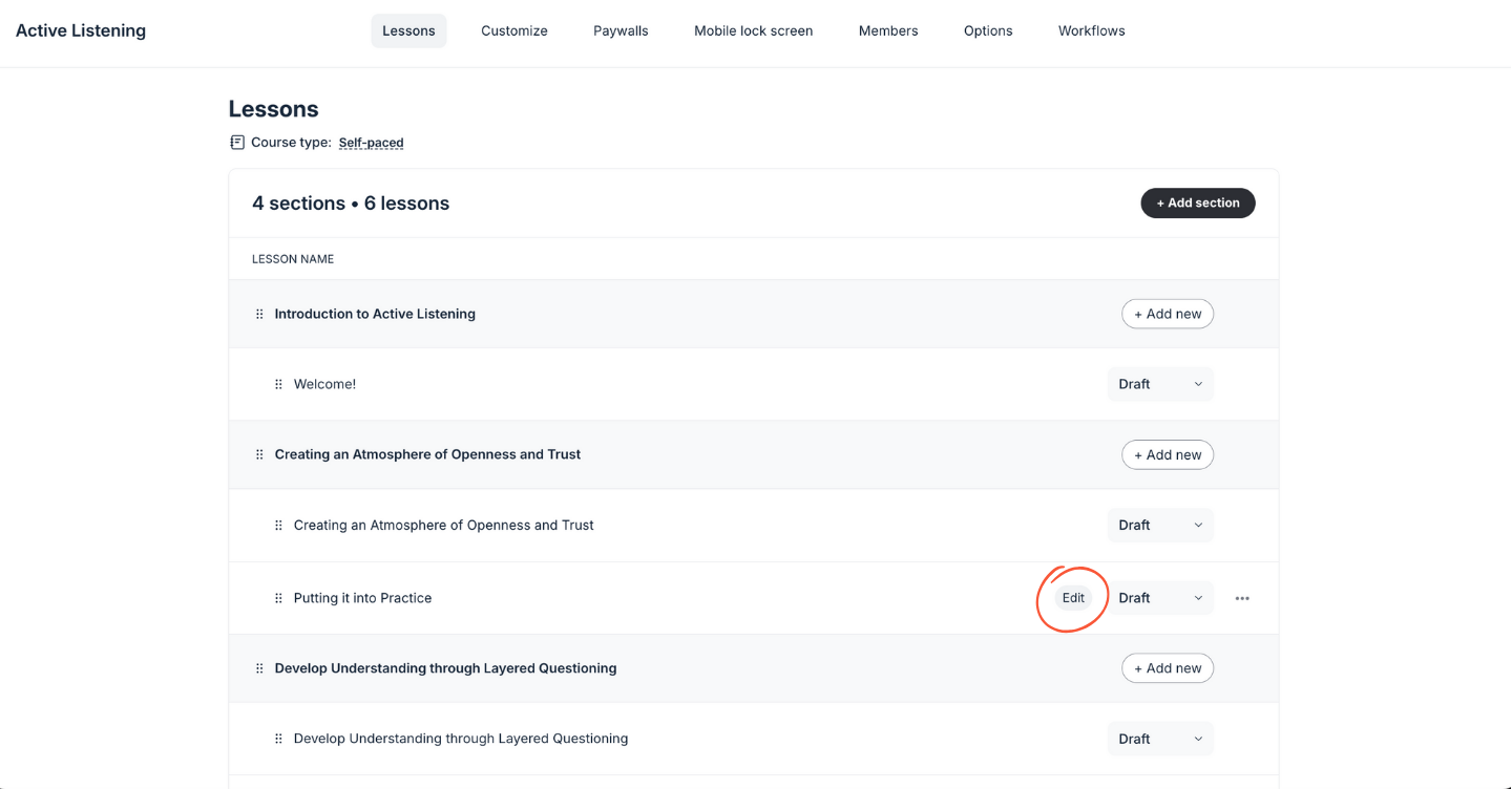 Circle interface showing lessons page