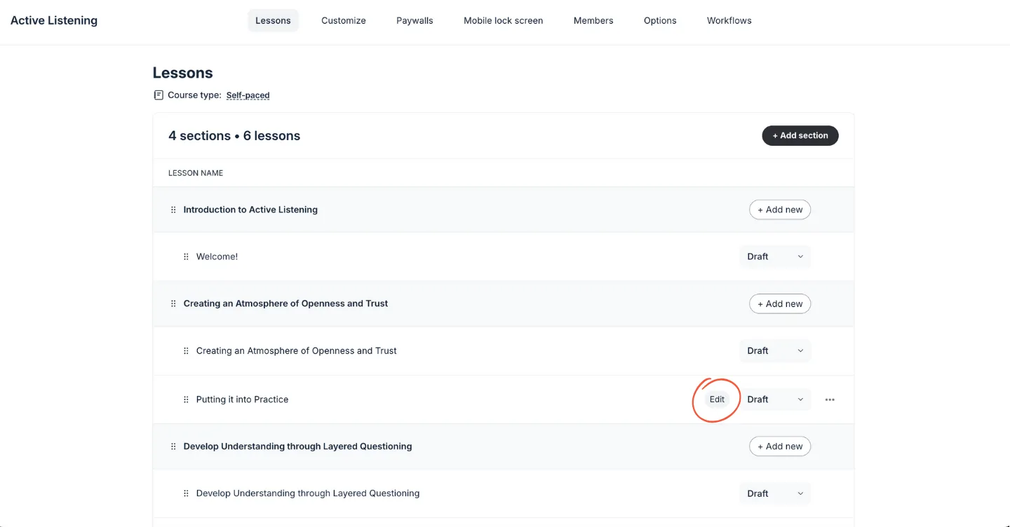 Circle interface showing lessons page