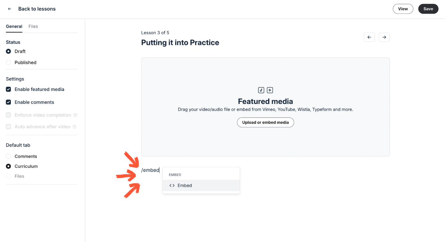 Circle interface showing opening embed menu