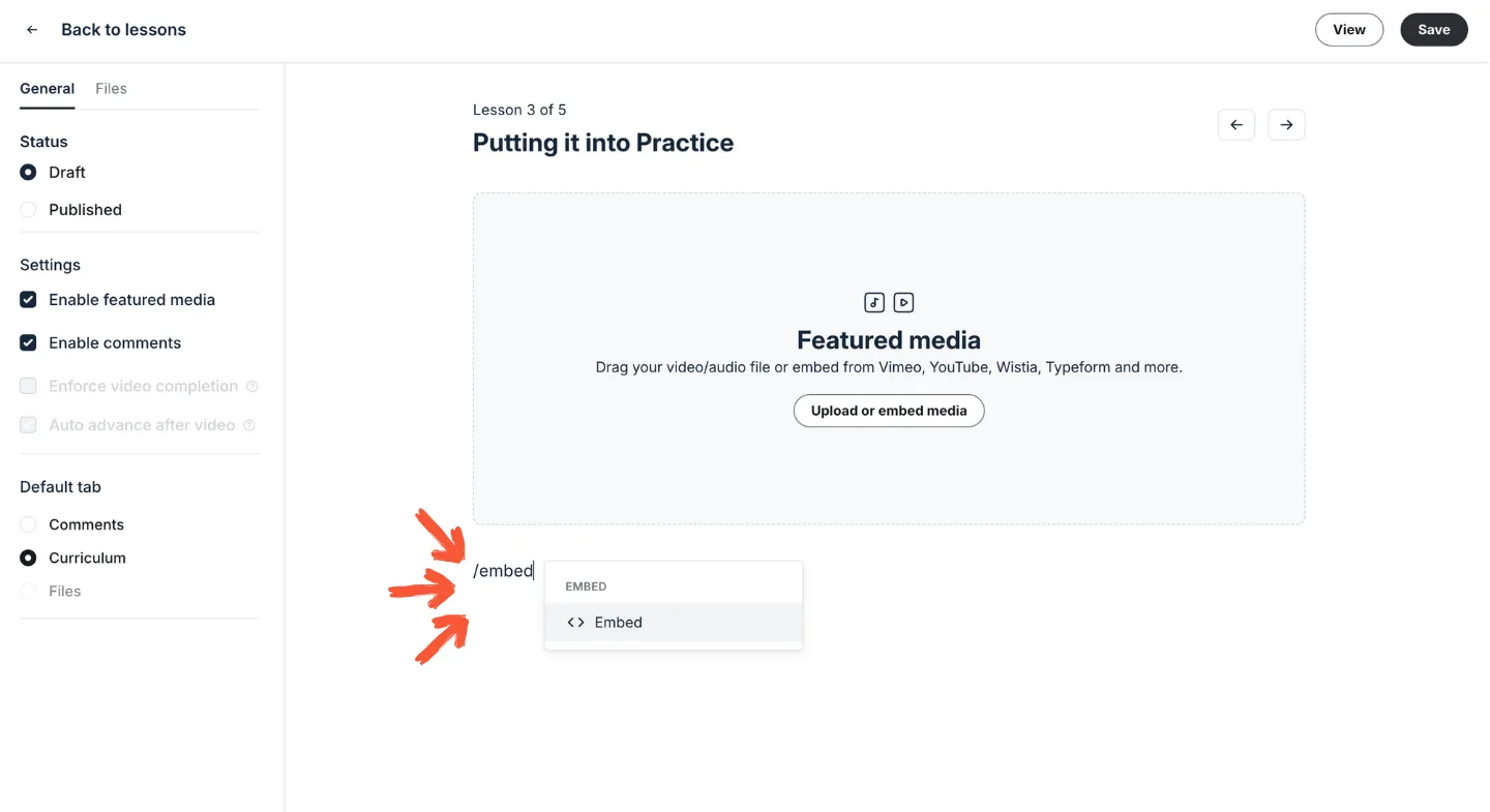 Circle interface showing opening embed menu