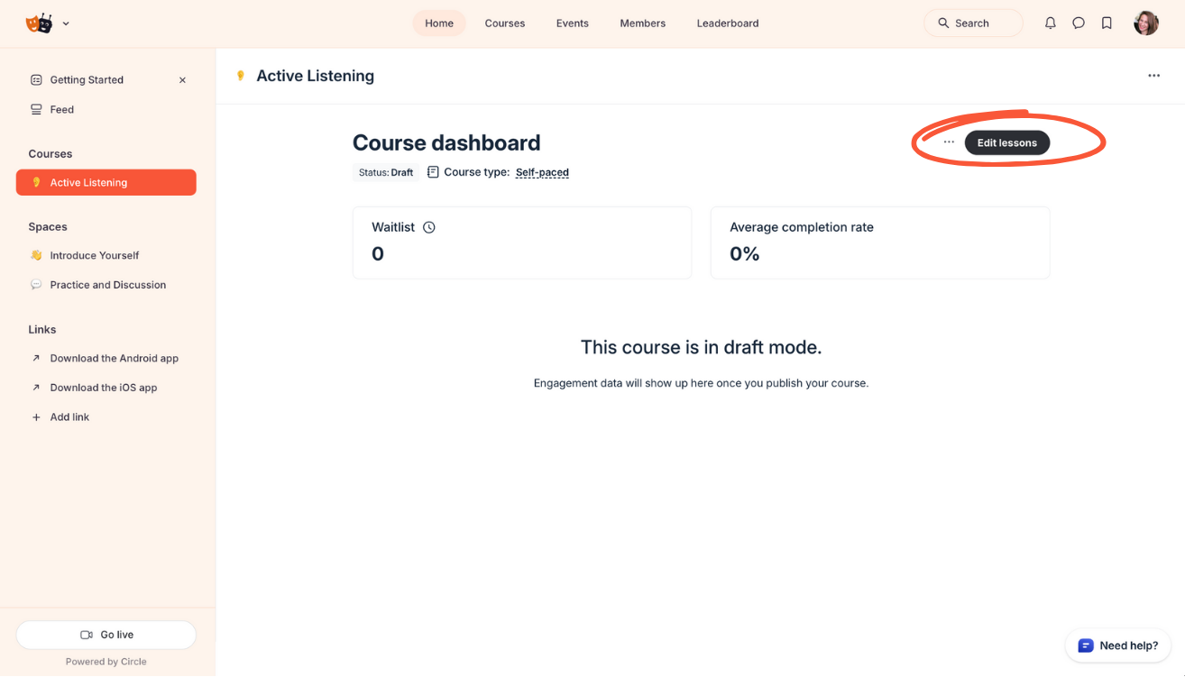 Circle interface showing open draft course page