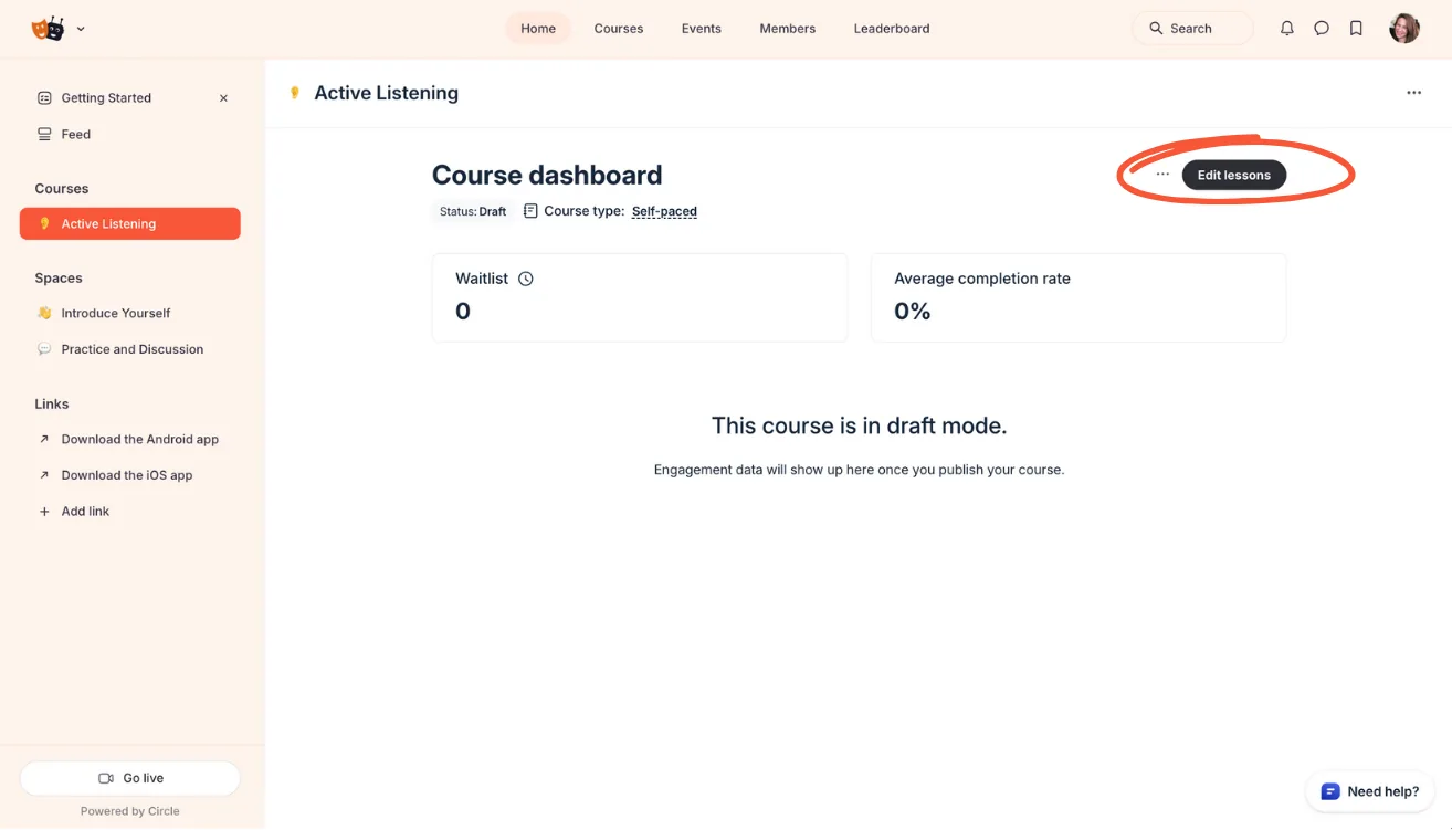 Circle interface showing open draft course page