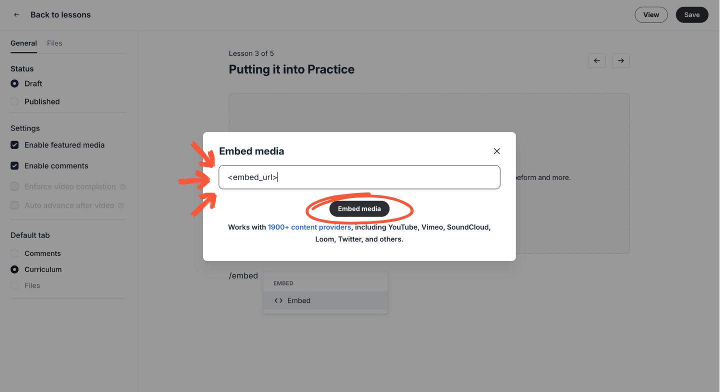 Circle interface showing pasting embed URL