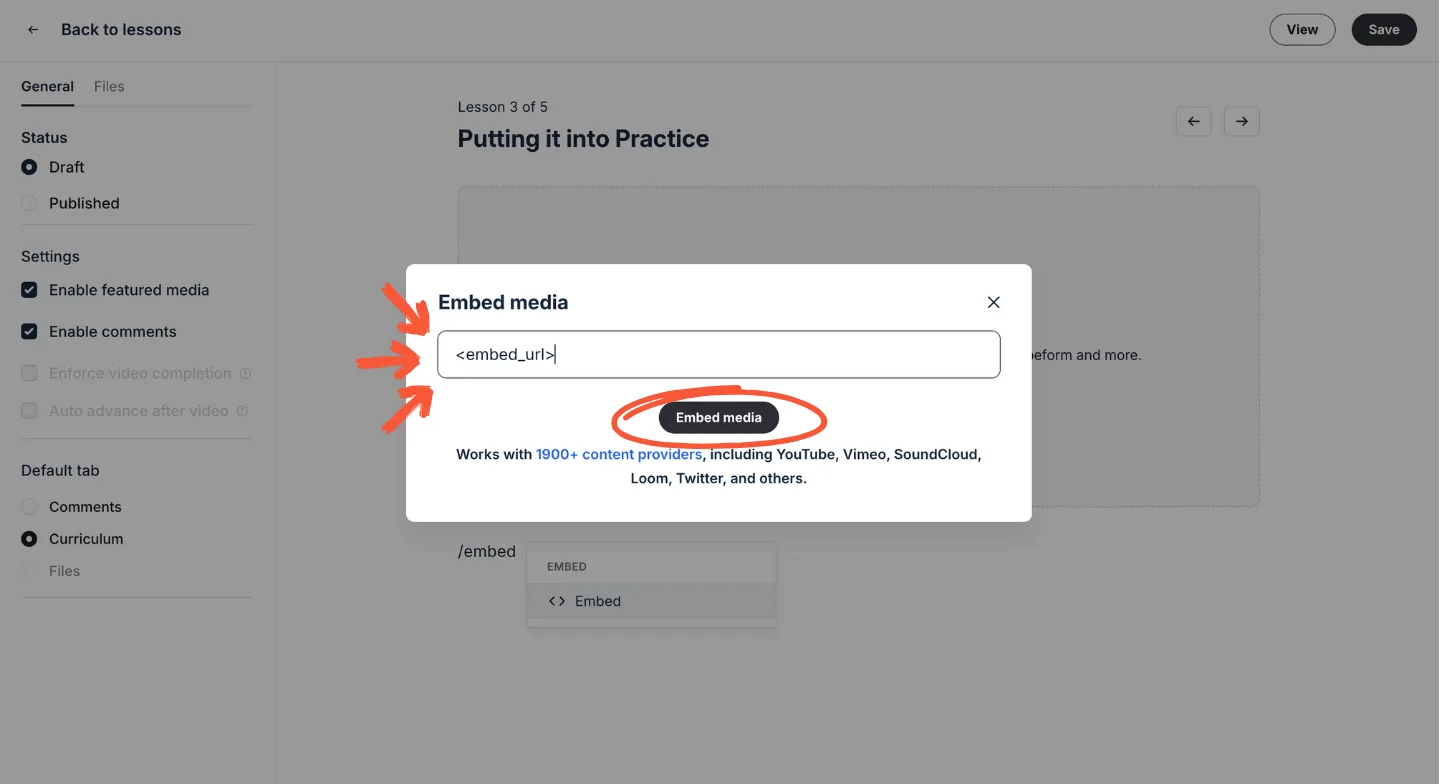 Circle interface showing pasting embed URL