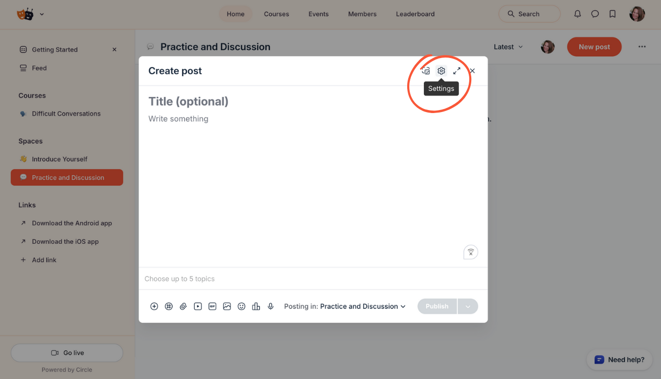 Circle interface showing clicking settings icon for post