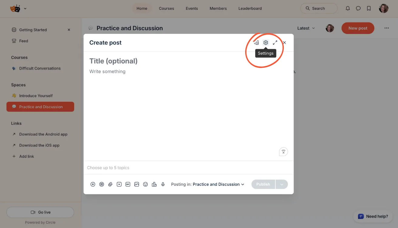 Circle interface showing clicking settings icon for post