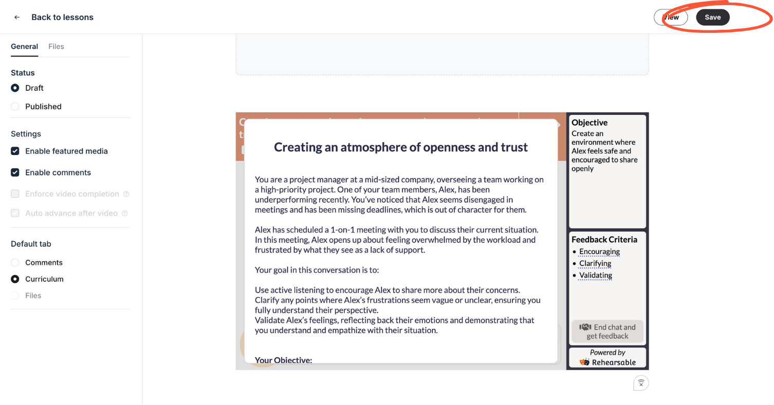 Circle interface showing preview embedded course