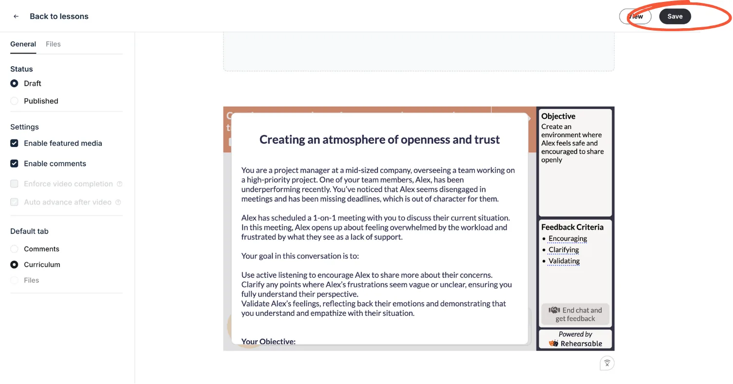 Circle interface showing preview embedded course