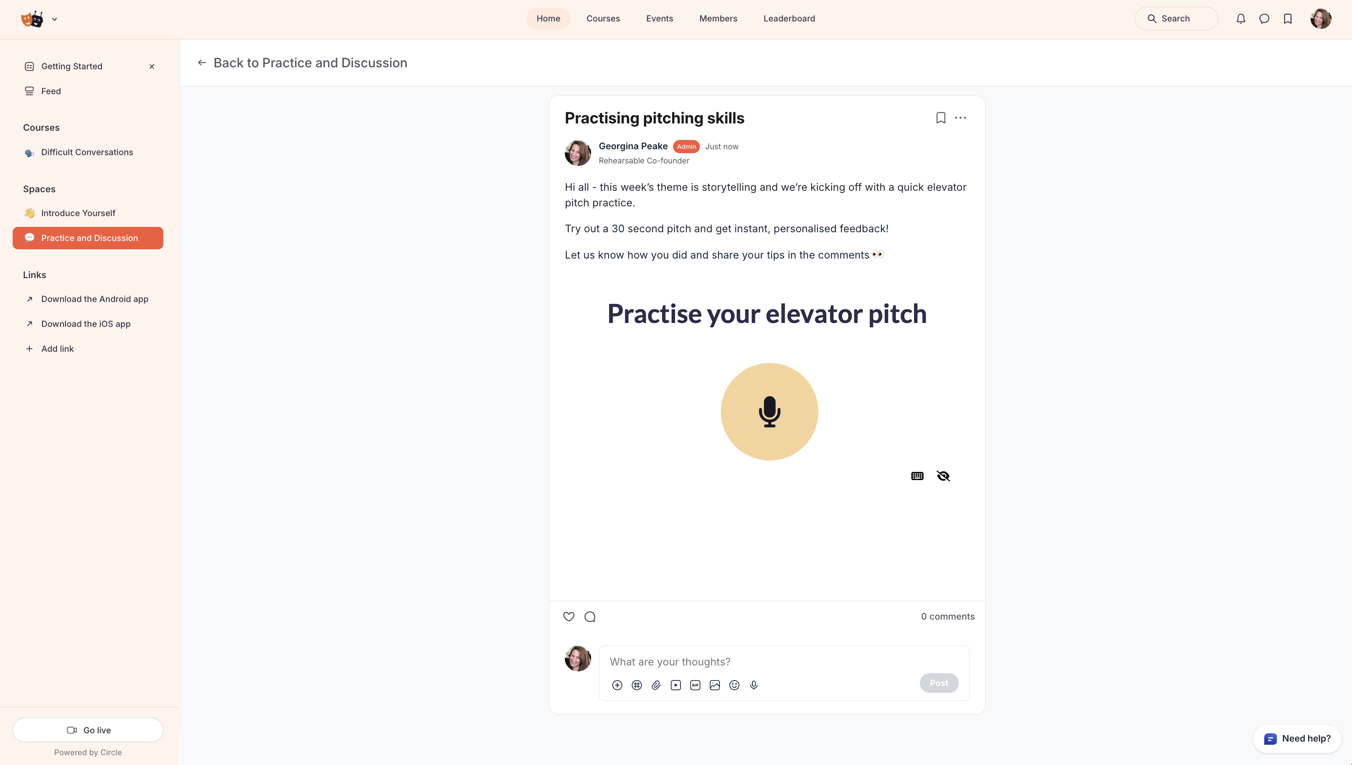 Circle interface showing published post with embedded practice experience