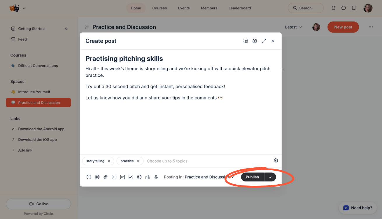 Circle interface showing writing title and description for post