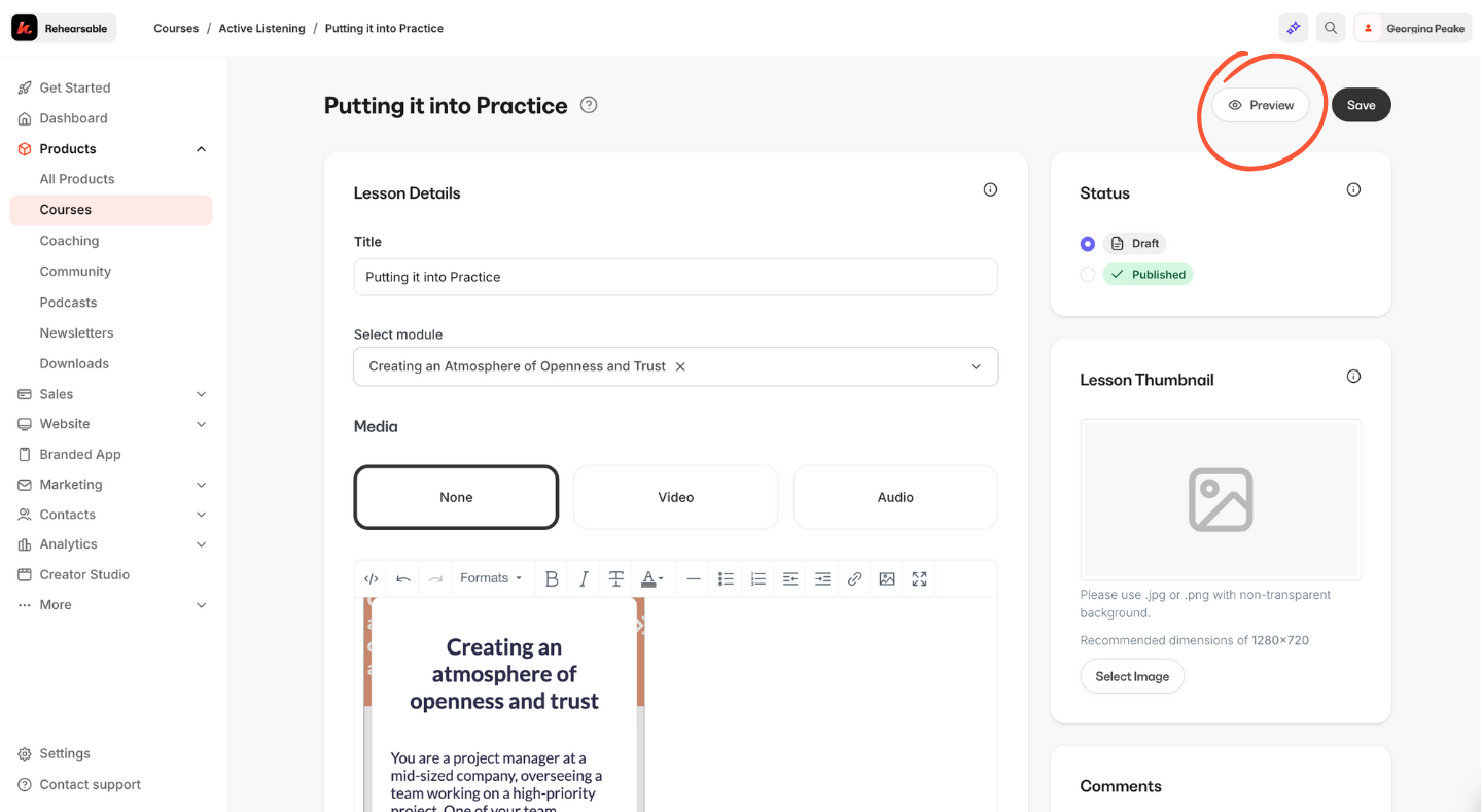 Kajabi interface highlighting preview button