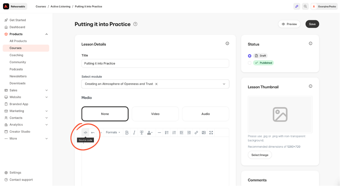 Kajabi interface highlighting clicking source code option
