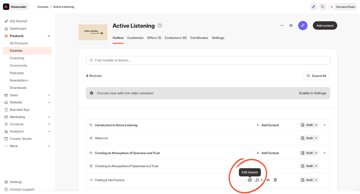 Kajabi interface highlighting clicking edit lesson