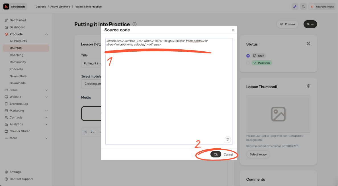 Kajabi interface showing pasting embed code