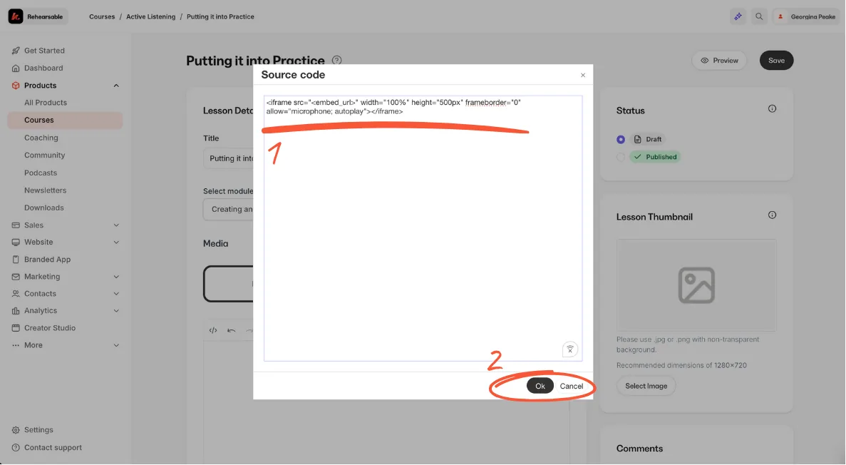 Kajabi interface showing pasting embed code
