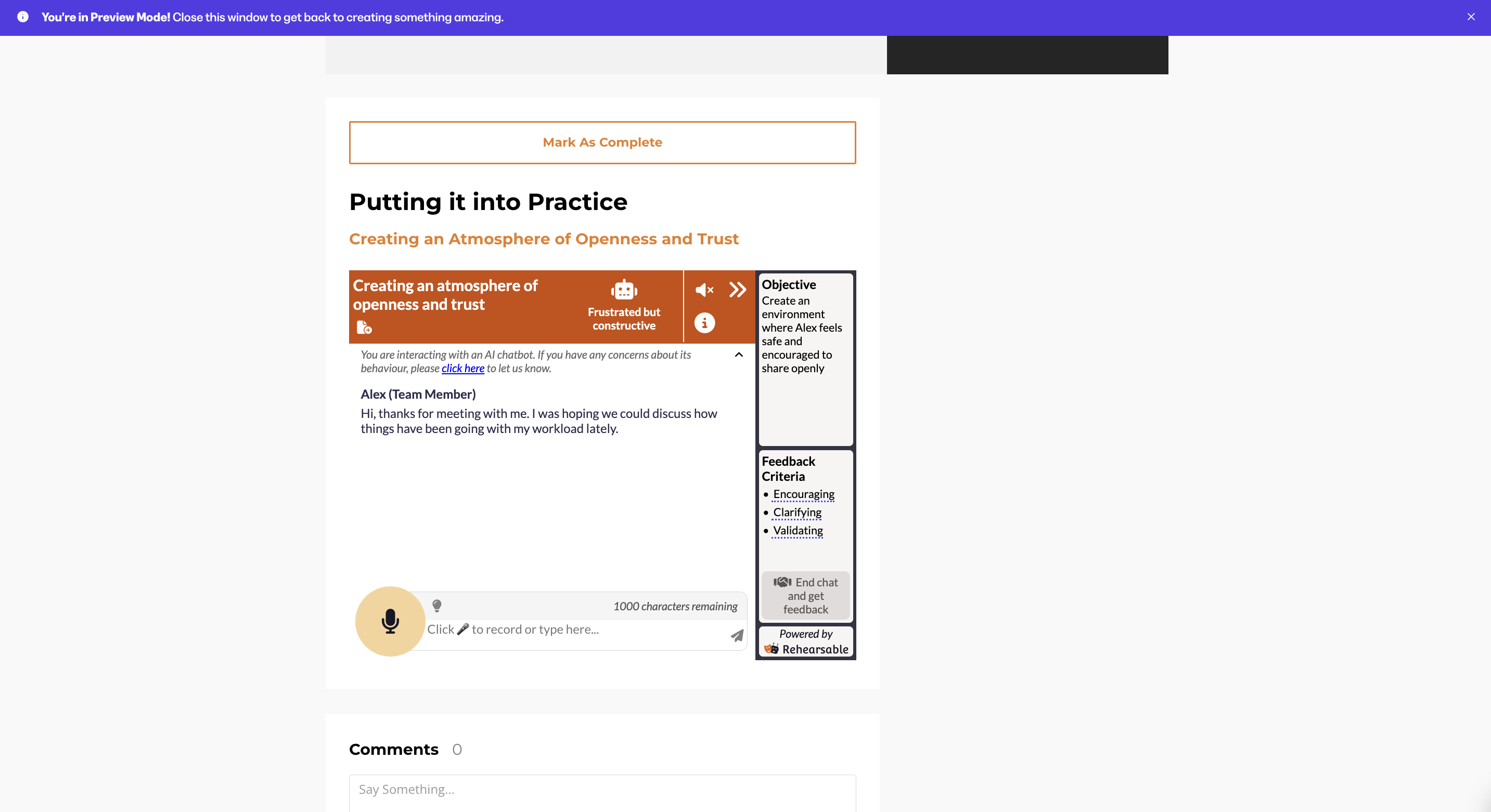 Kajabi interface showing preview of embedded experience role-play chat
