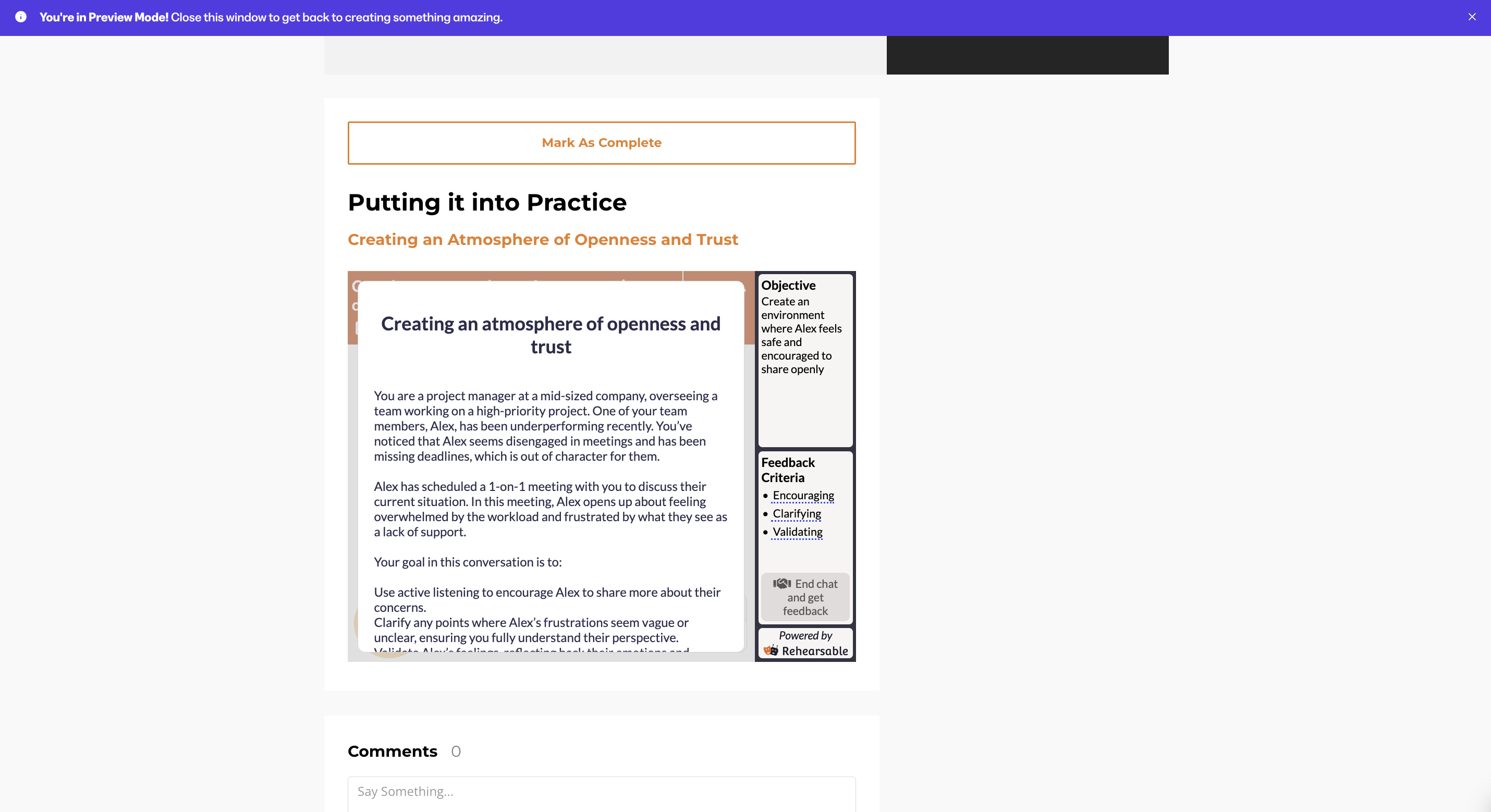 Kajabi interface showing preview of embedded experience instructions