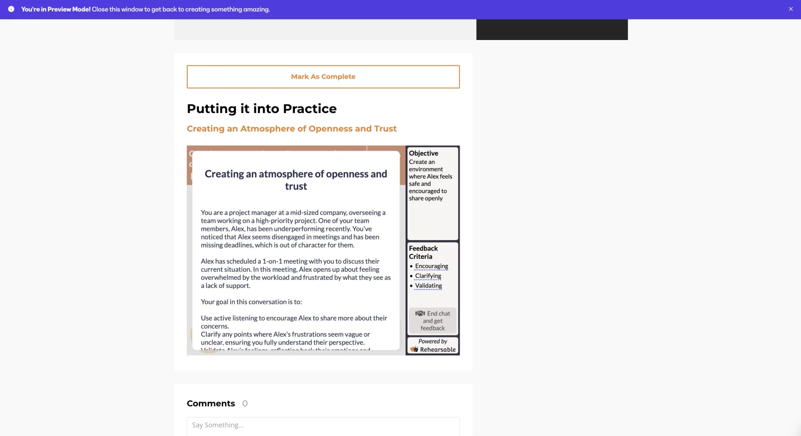 Kajabi interface showing preview of embedded experience instructions