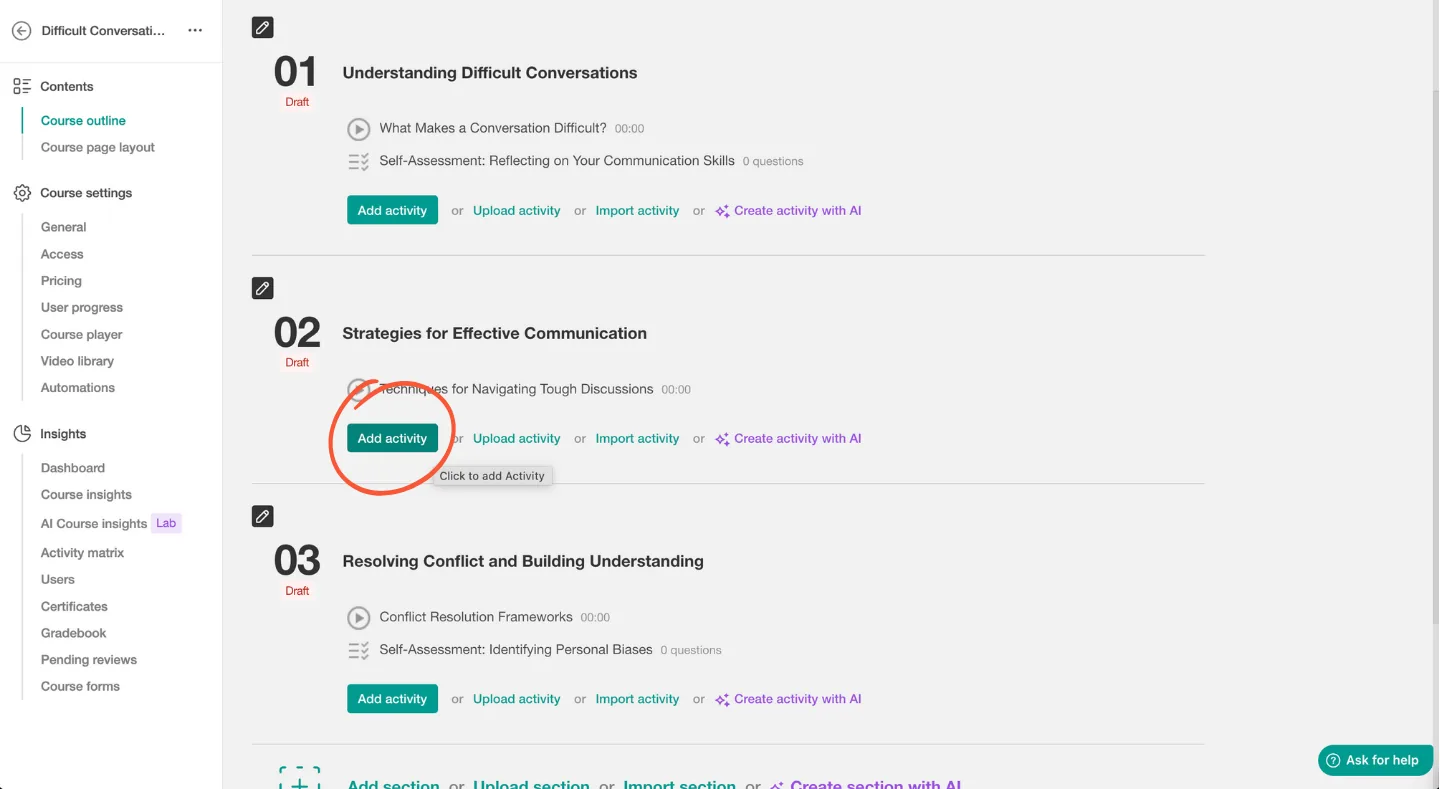 LearnWorlds interface showing