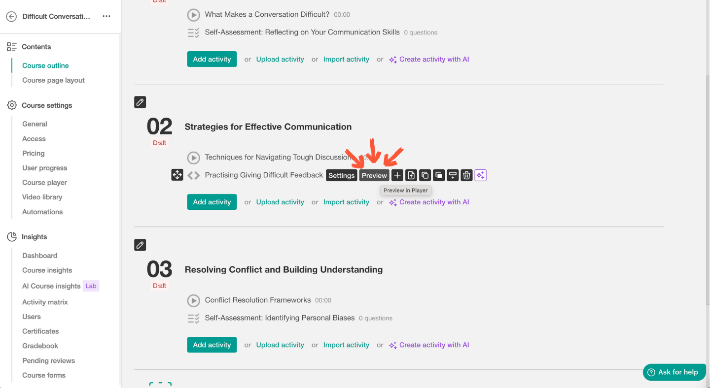 LearnWorlds interface showing 