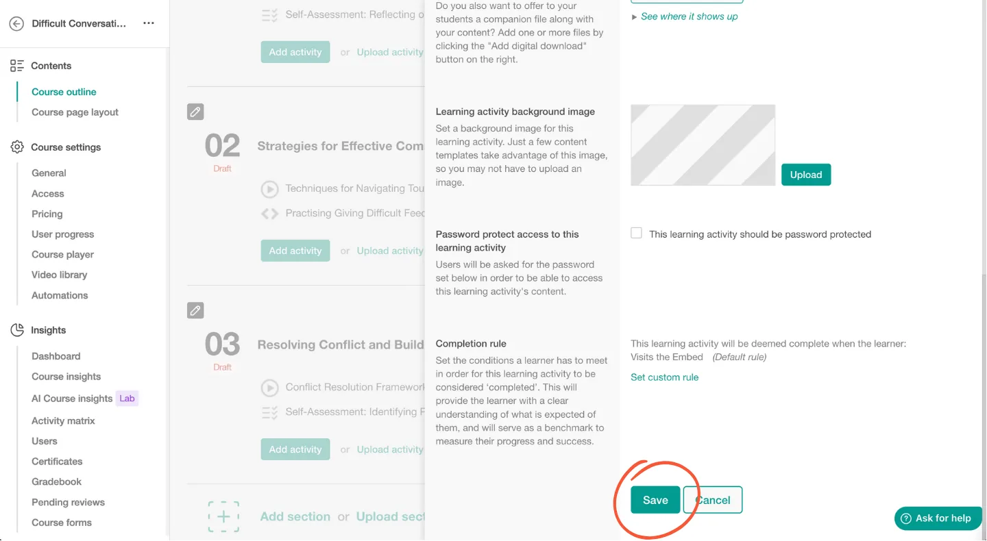 LearnWorlds interface showing