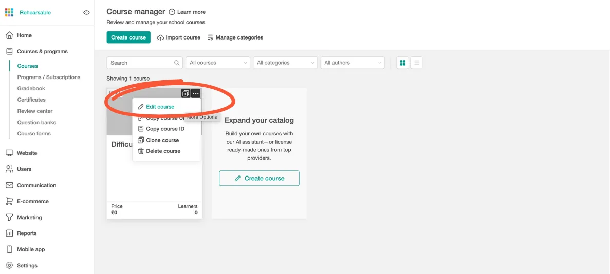 LearnWorlds interface showing clicking Edit course