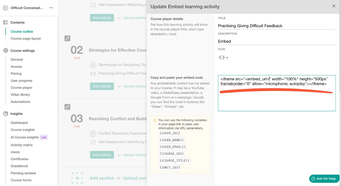 LearnWorlds interface showing