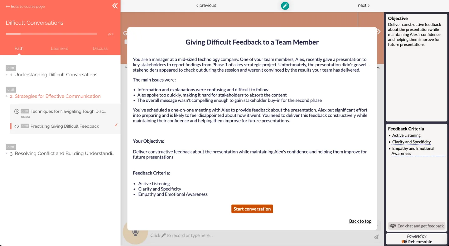 LearnWorlds interface showing