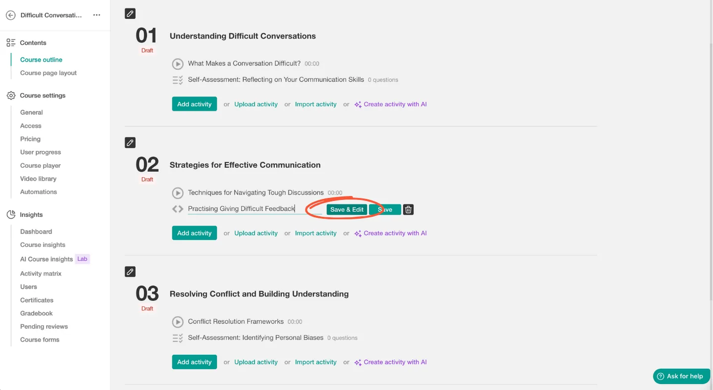 LearnWorlds interface showing