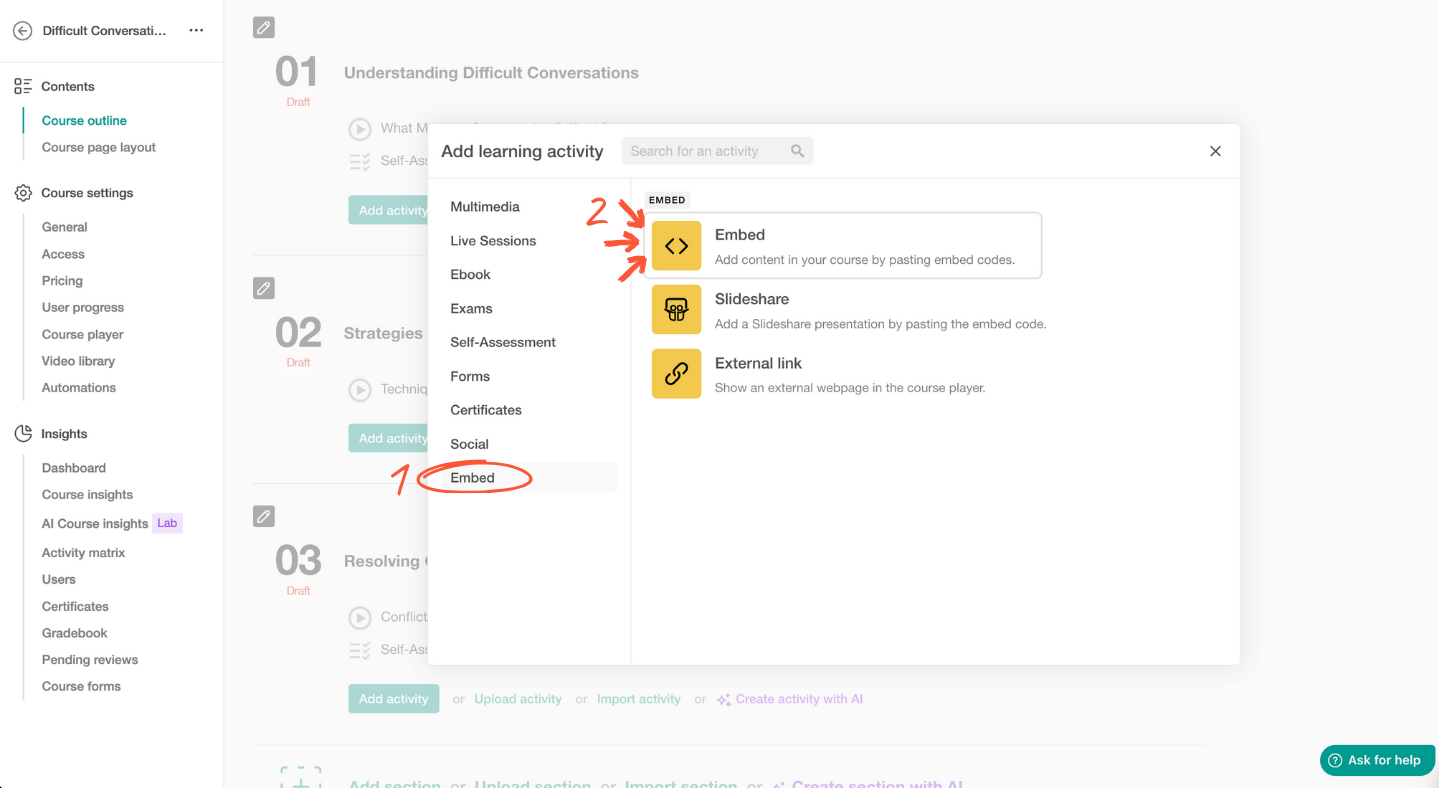 LearnWorlds interface showing 