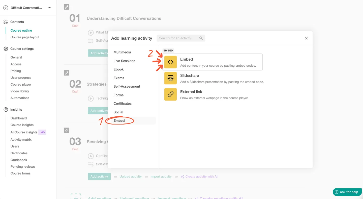 LearnWorlds interface showing