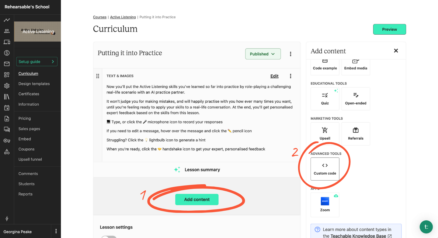 Teachable interface highlighting button to add content then select custom code