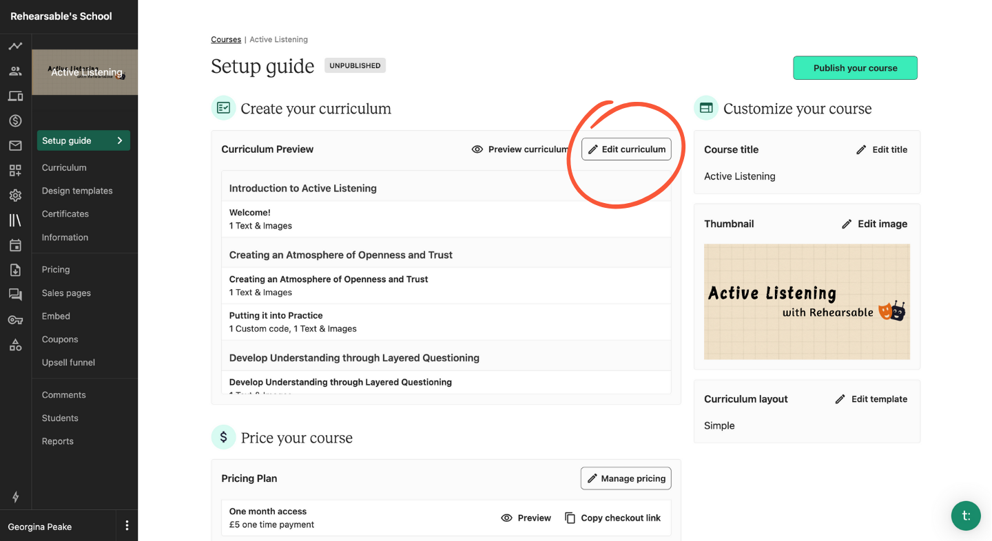 Teachable interface highlighting Edit curriculum button