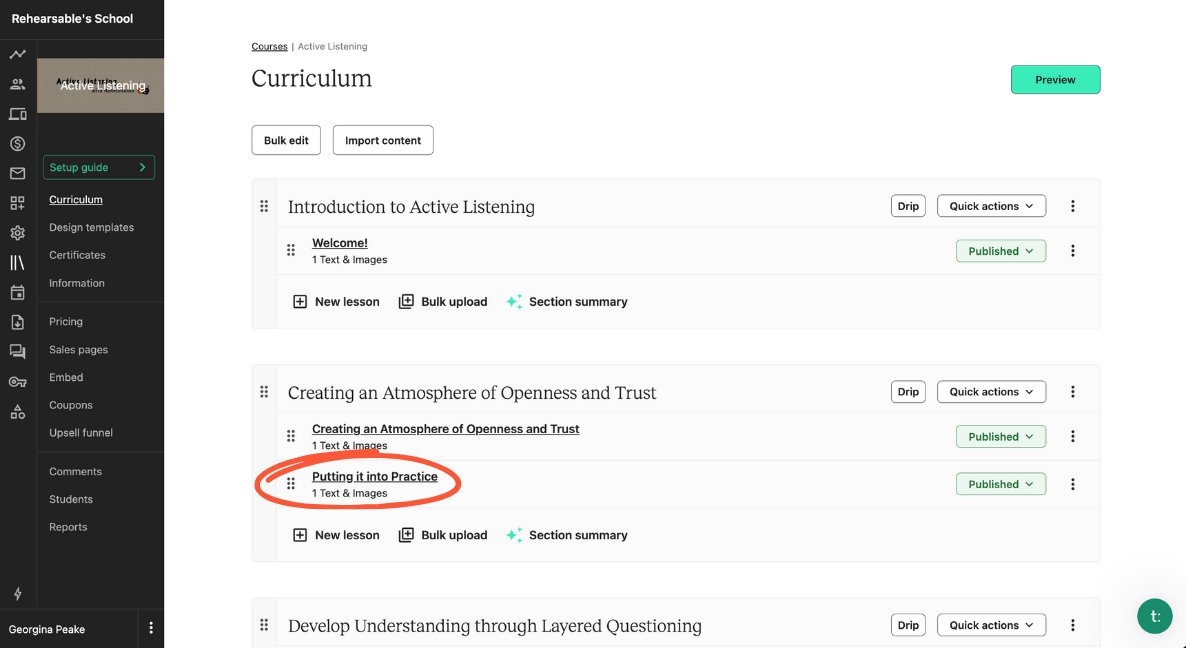 Teachable interface showing course lessons