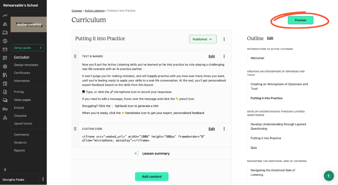 Teachable interface highlighting Preview button