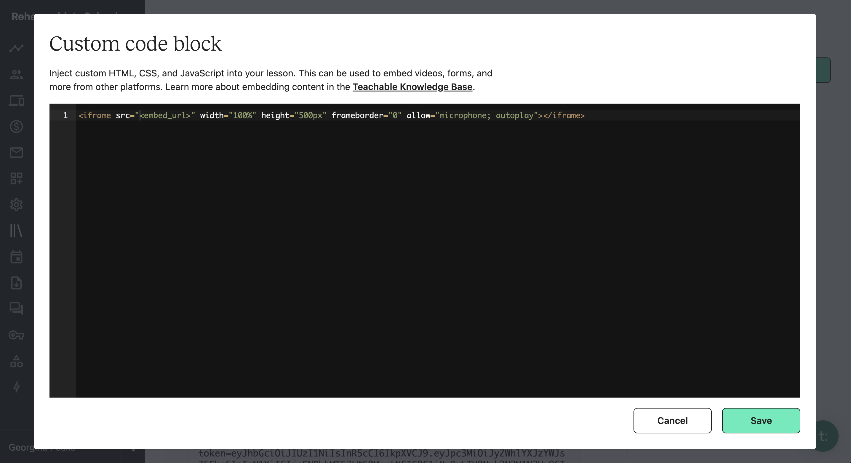 Teachable interface showing code input block and pasted embed code