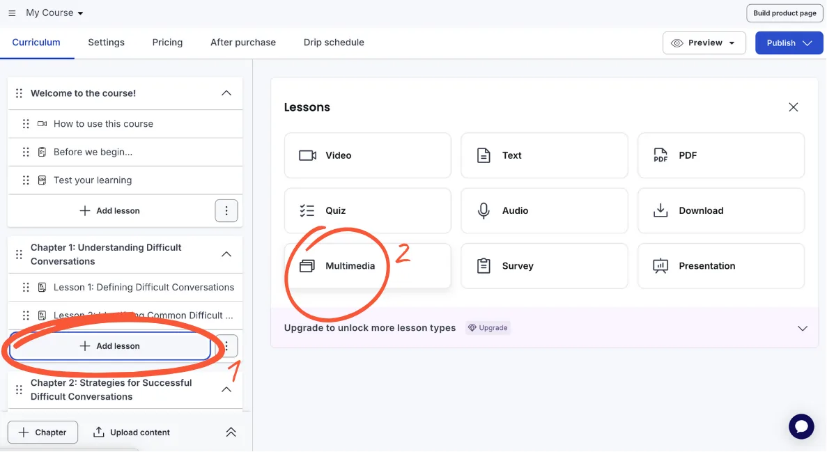 Thinkific interface showing selecting Multimedia lesson type