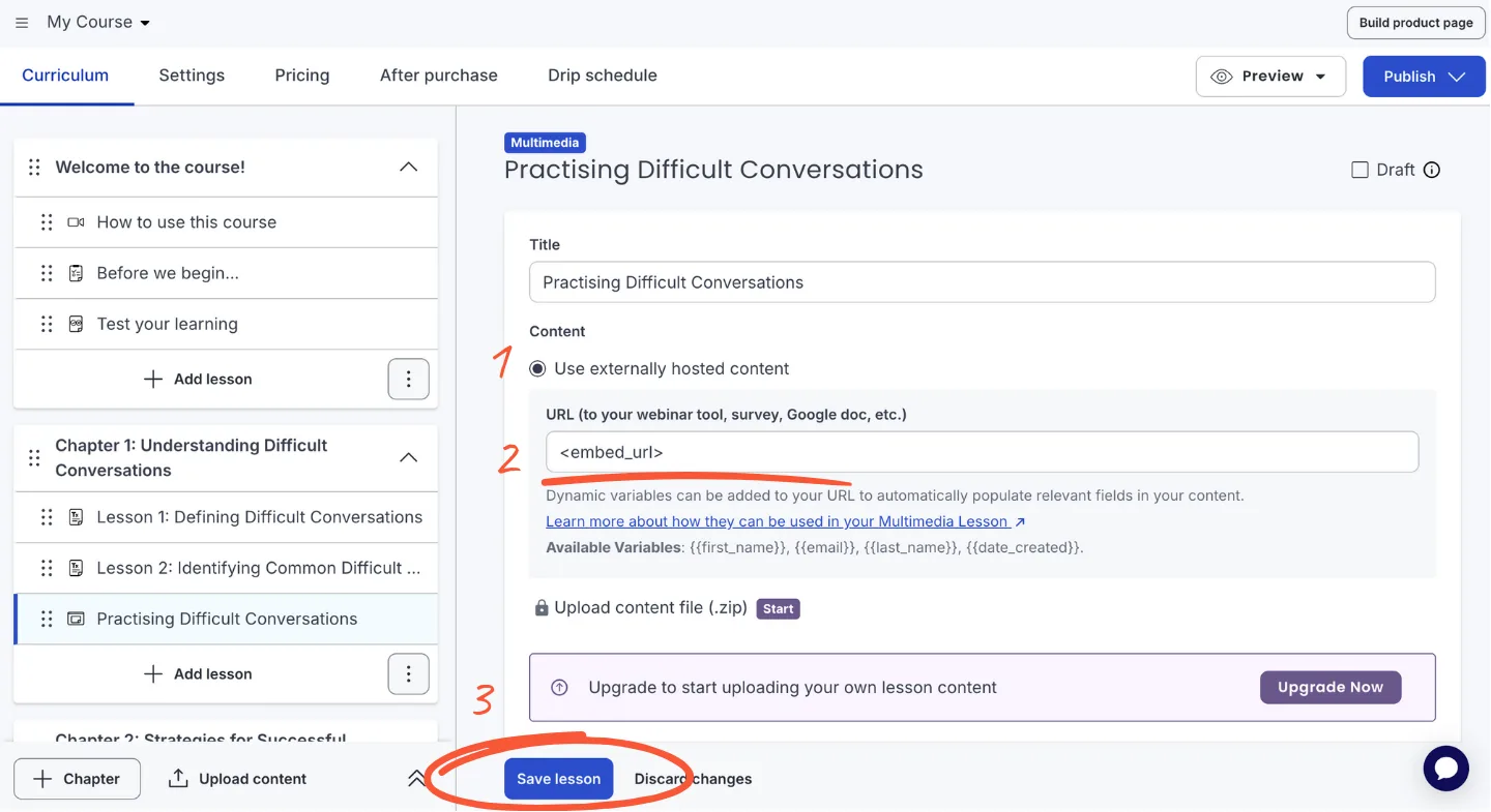 Thinkific interface showing pasting embed URL into lesson
