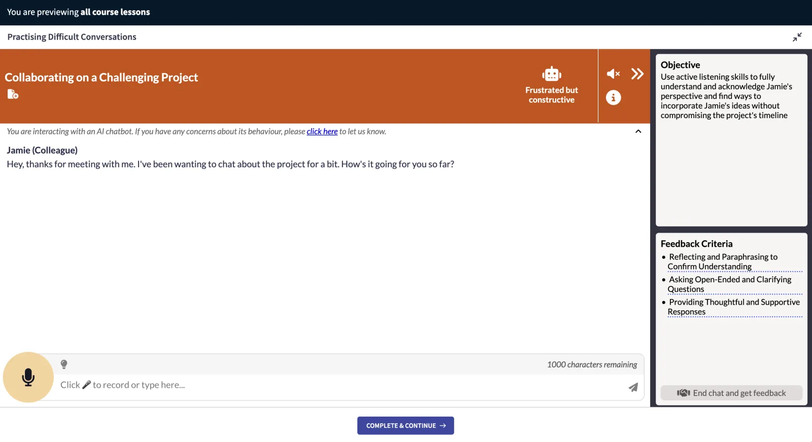 Thinkific interface showing preview of experience chat