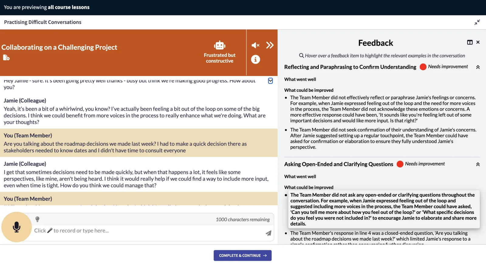 Thinkific interface showing preview of experience feedback