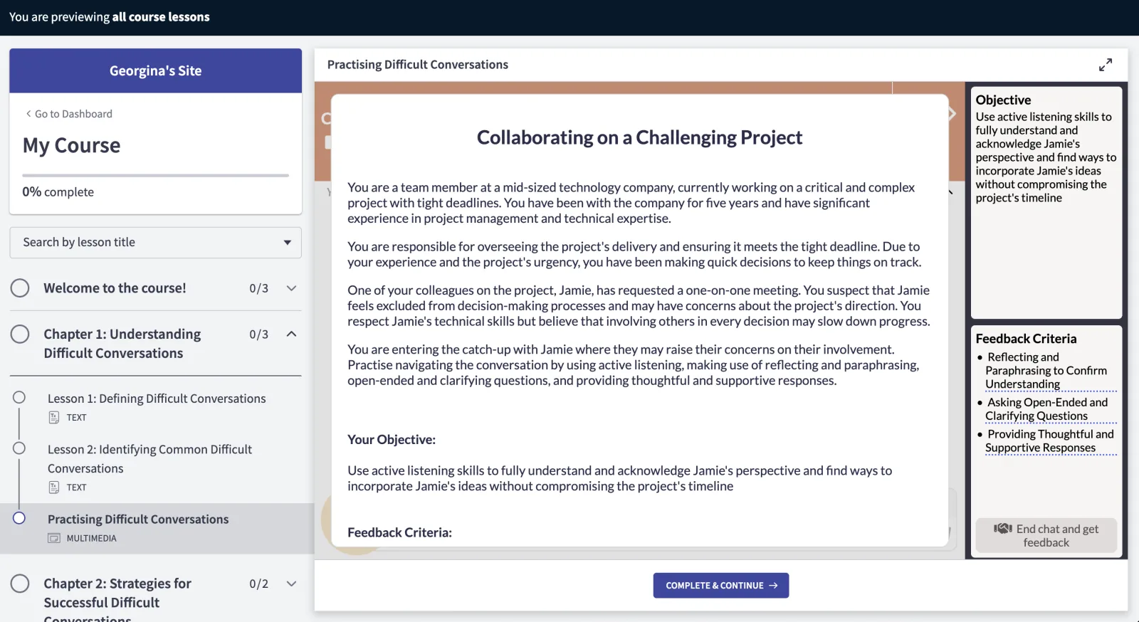 Thinkific interface showing preview of experience instructions