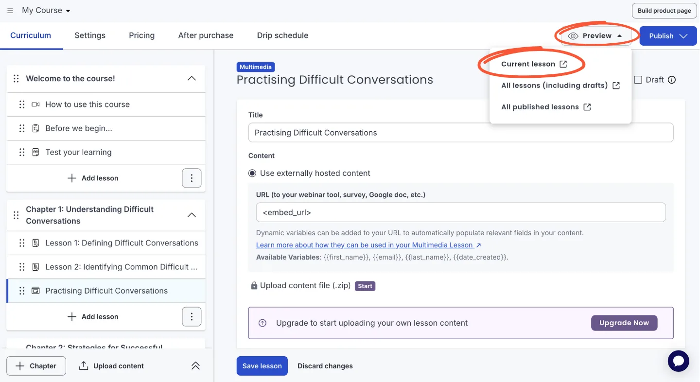 Thinkific interface showing selecting preview of lesson