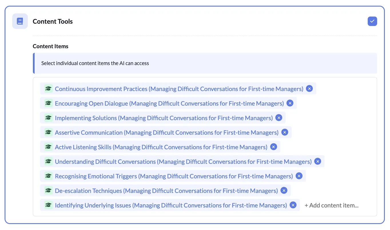 Content tools panel selecting the course lessons the AI coach can draw on
