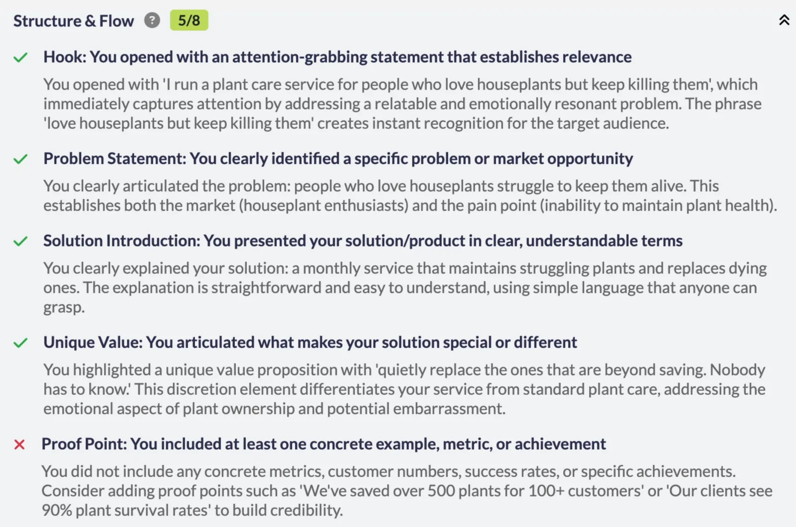 Checklist feedback format marking each criterion met or missed