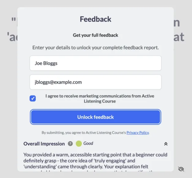 Personalised feedback a prospect receives after trying the lead magnet
