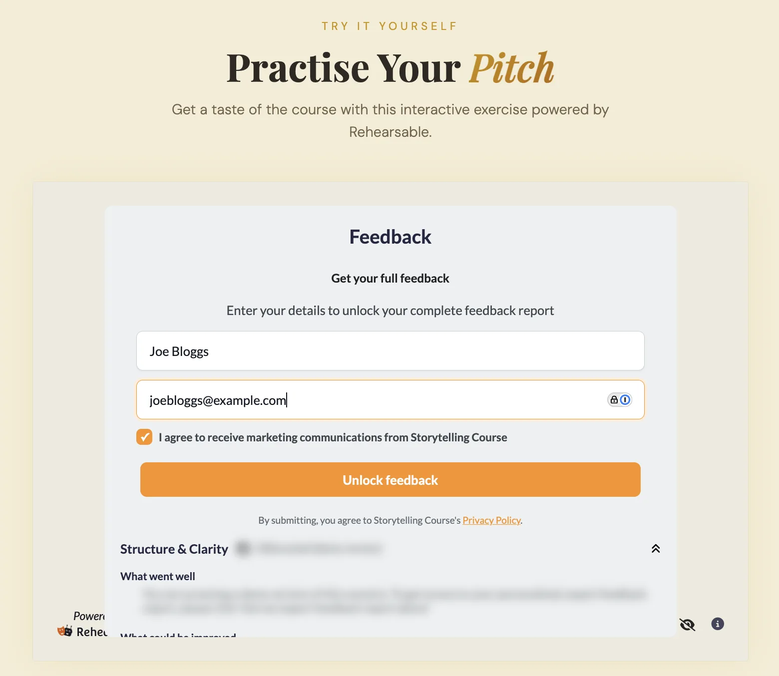 Lead magnet asking for name, email and marketing consent on a creator's own page