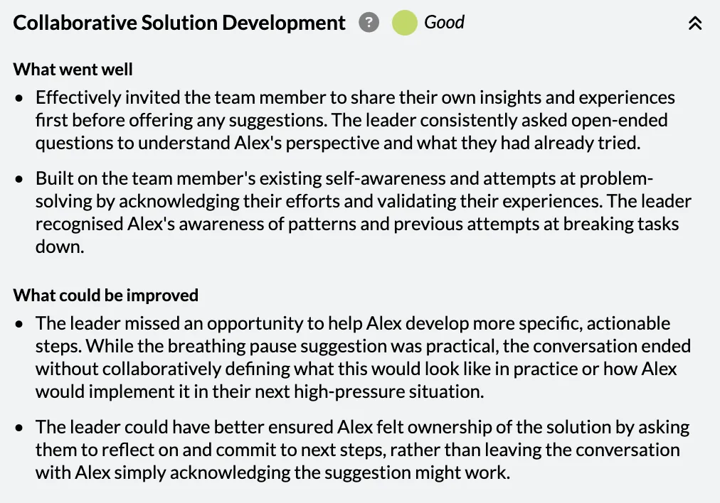 Feedback on a leadership conversation against the creator's coaching criteria